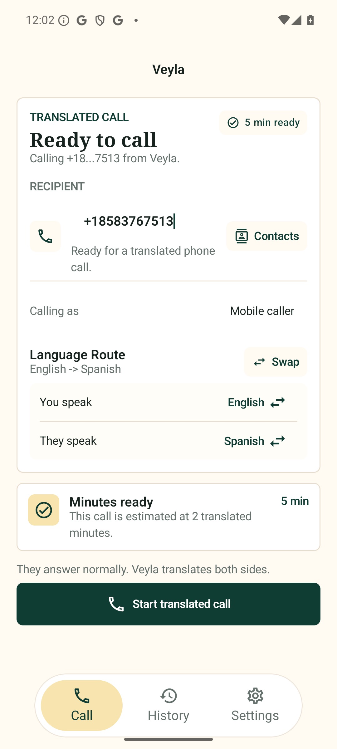 Actual Veyla Android call setup screen with recipient, language route, translated minutes, and start call controls.