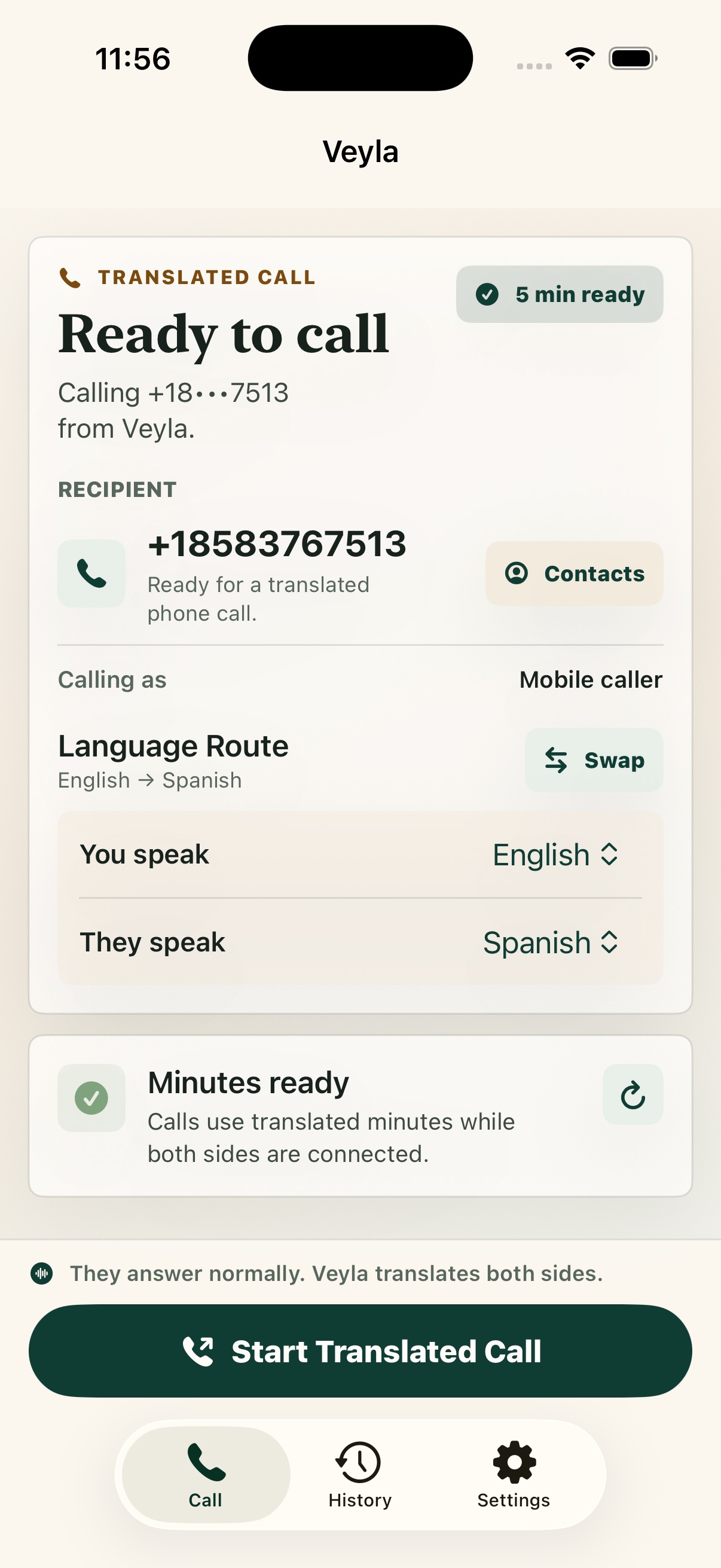 Actual Veyla iPhone call setup screen with English to Spanish selected and a start translated call button.