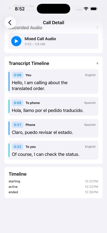 Actual Veyla iPhone call detail screen showing recorded audio and a transcript timeline.
