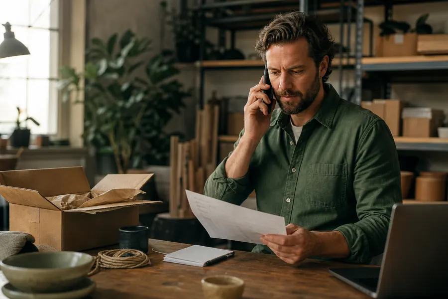 A small business owner calling a supplier while checking notes