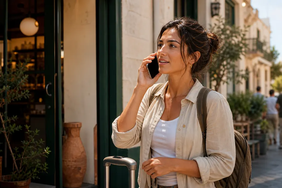 A traveler making a phone call near local shops